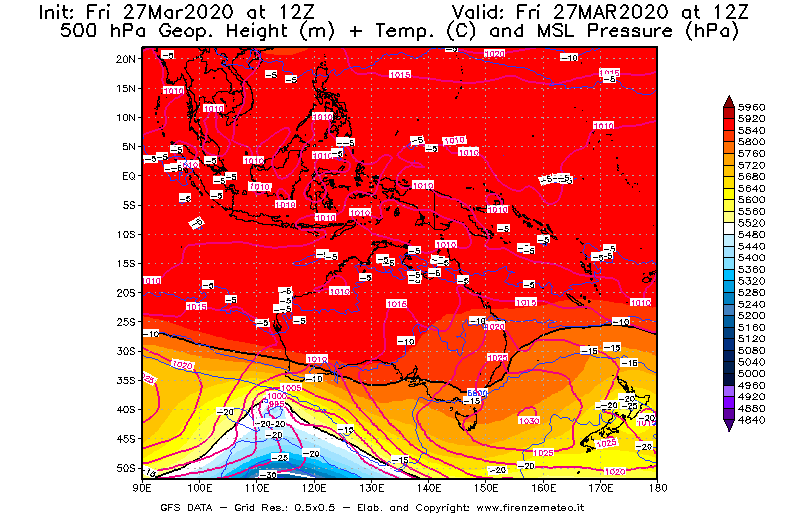 Mappa di analisi GFS - Geopotenziale [m] + Temp. [°C] a 500 hPa + Press. a livello del mare [hPa] in Oceania
									del 27/03/2020 12 <!--googleoff: index-->UTC<!--googleon: index-->