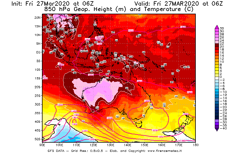 Mappa di analisi GFS - Geopotenziale [m] e Temperatura [°C] a 850 hPa in Oceania
									del 27/03/2020 06 <!--googleoff: index-->UTC<!--googleon: index-->