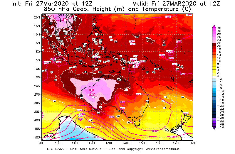 Mappa di analisi GFS - Geopotenziale [m] e Temperatura [°C] a 850 hPa in Oceania
									del 27/03/2020 12 <!--googleoff: index-->UTC<!--googleon: index-->
