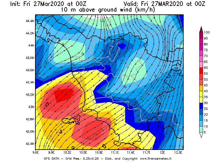 Mappa di analisi GFS - Velocità del vento a 10 metri dal suolo [km/h] in Toscana
									del 27/03/2020 00 <!--googleoff: index-->UTC<!--googleon: index-->