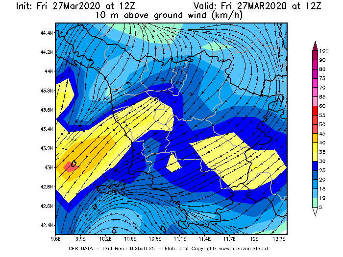 Mappa di analisi GFS - Velocità del vento a 10 metri dal suolo [km/h] in Toscana
									del 27/03/2020 12 <!--googleoff: index-->UTC<!--googleon: index-->