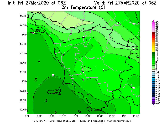 Mappa di analisi GFS - Temperatura a 2 metri dal suolo [°C] in Toscana
									del 27/03/2020 06 <!--googleoff: index-->UTC<!--googleon: index-->