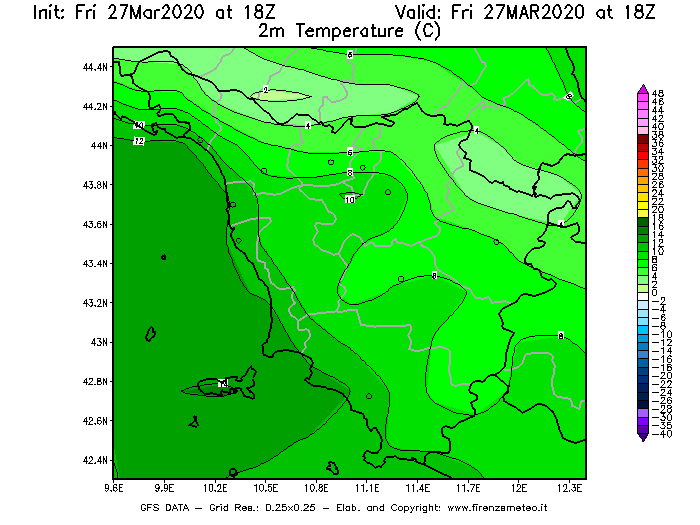 Mappa di analisi GFS - Temperatura a 2 metri dal suolo [°C] in Toscana
									del 27/03/2020 18 <!--googleoff: index-->UTC<!--googleon: index-->