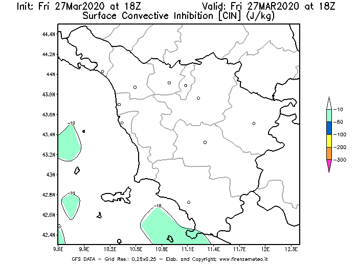 Mappa di analisi GFS - CIN [J/kg] in Toscana
									del 27/03/2020 18 <!--googleoff: index-->UTC<!--googleon: index-->