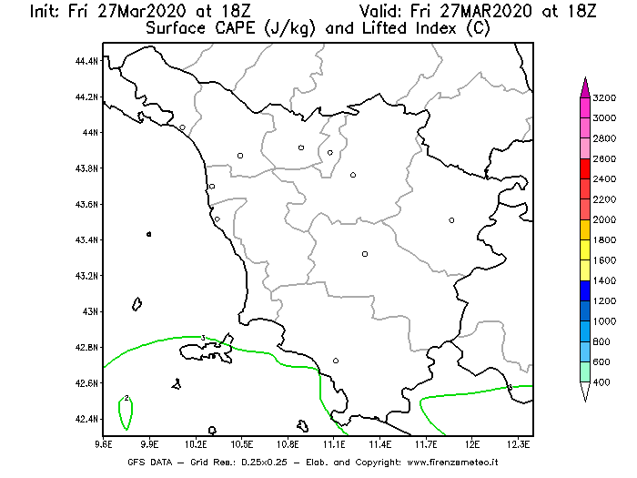 Mappa di analisi GFS - CAPE [J/kg] e Lifted Index [°C] in Toscana
									del 27/03/2020 18 <!--googleoff: index-->UTC<!--googleon: index-->