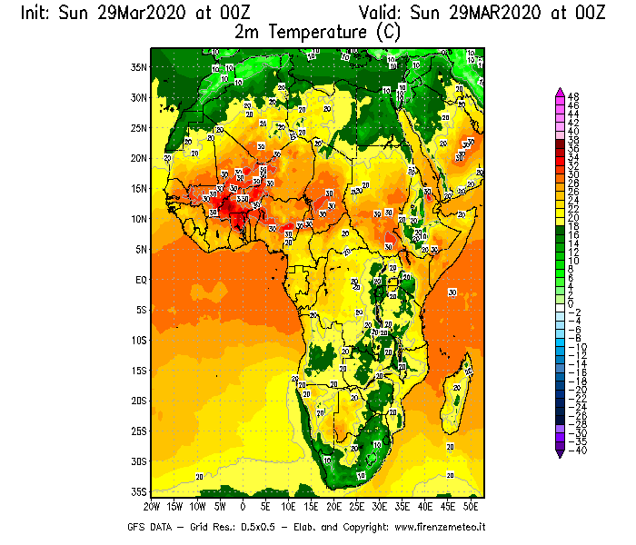 Mappa di analisi GFS - Temperatura a 2 metri dal suolo [°C] in Africa
							del 29/03/2020 00 <!--googleoff: index-->UTC<!--googleon: index-->