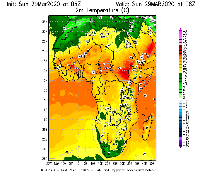 Mappa di analisi GFS - Temperatura a 2 metri dal suolo [°C] in Africa
							del 29/03/2020 06 <!--googleoff: index-->UTC<!--googleon: index-->