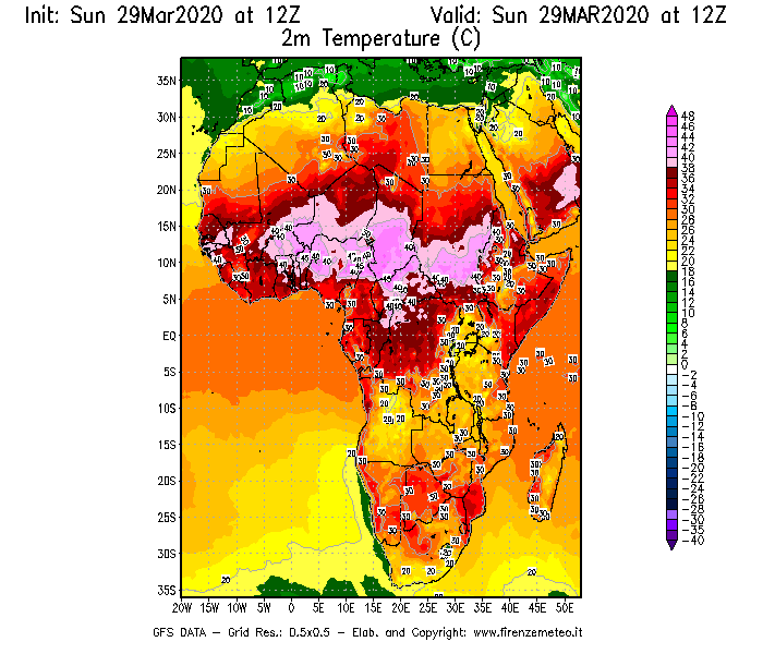 Mappa di analisi GFS - Temperatura a 2 metri dal suolo [°C] in Africa
							del 29/03/2020 12 <!--googleoff: index-->UTC<!--googleon: index-->