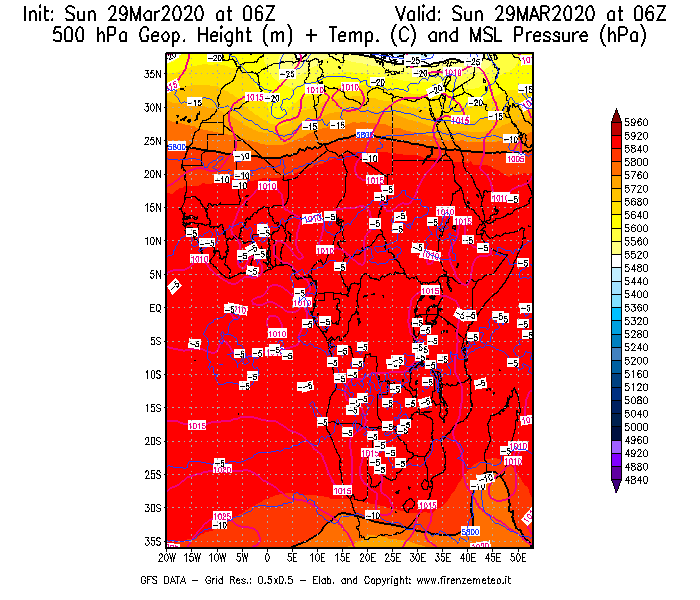 Mappa di analisi GFS - Geopotenziale [m] + Temp. [°C] a 500 hPa + Press. a livello del mare [hPa] in Africa
							del 29/03/2020 06 <!--googleoff: index-->UTC<!--googleon: index-->