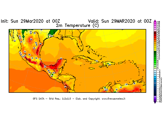 Mappa di analisi GFS - Temperatura a 2 metri dal suolo [°C] in Centro-America
							del 29/03/2020 00 <!--googleoff: index-->UTC<!--googleon: index-->