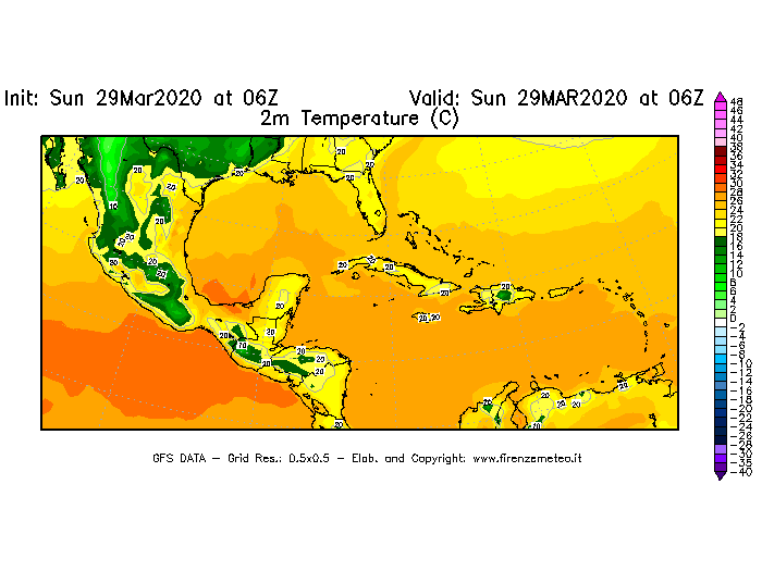 Mappa di analisi GFS - Temperatura a 2 metri dal suolo [°C] in Centro-America
							del 29/03/2020 06 <!--googleoff: index-->UTC<!--googleon: index-->