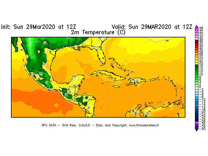 Mappa di analisi GFS - Temperatura a 2 metri dal suolo [°C] in Centro-America
							del 29/03/2020 12 <!--googleoff: index-->UTC<!--googleon: index-->