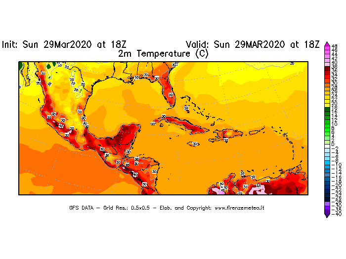 Mappa di analisi GFS - Temperatura a 2 metri dal suolo [°C] in Centro-America
							del 29/03/2020 18 <!--googleoff: index-->UTC<!--googleon: index-->