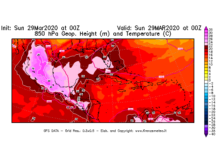 Mappa di analisi GFS - Geopotenziale [m] e Temperatura [°C] a 850 hPa in Centro-America
							del 29/03/2020 00 <!--googleoff: index-->UTC<!--googleon: index-->