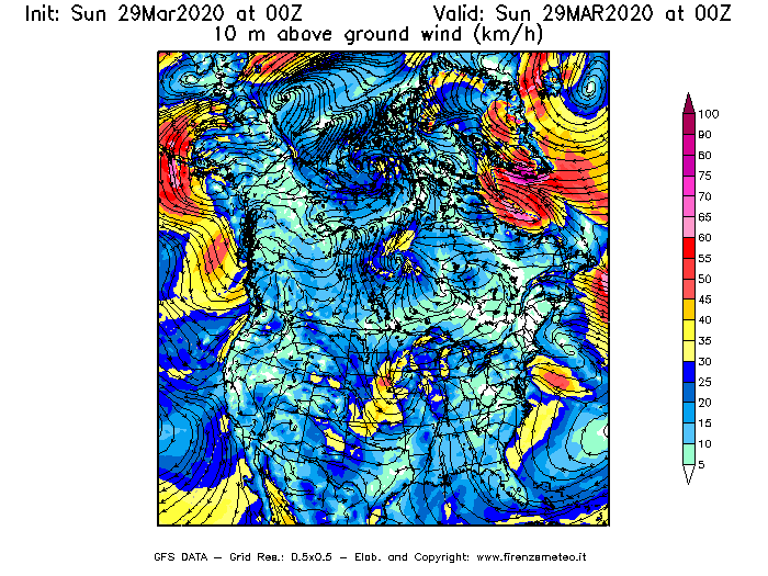 Mappa di analisi GFS - Velocità del vento a 10 metri dal suolo [km/h] in Nord-America
							del 29/03/2020 00 <!--googleoff: index-->UTC<!--googleon: index-->