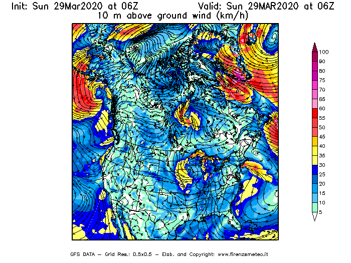 Mappa di analisi GFS - Velocità del vento a 10 metri dal suolo [km/h] in Nord-America
							del 29/03/2020 06 <!--googleoff: index-->UTC<!--googleon: index-->