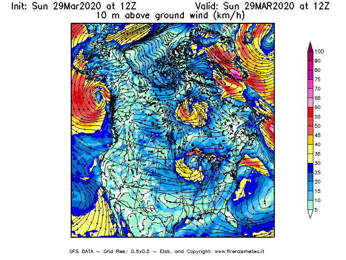 Mappa di analisi GFS - Velocità del vento a 10 metri dal suolo [km/h] in Nord-America
							del 29/03/2020 12 <!--googleoff: index-->UTC<!--googleon: index-->