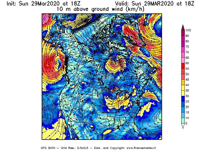 Mappa di analisi GFS - Velocità del vento a 10 metri dal suolo [km/h] in Nord-America
							del 29/03/2020 18 <!--googleoff: index-->UTC<!--googleon: index-->