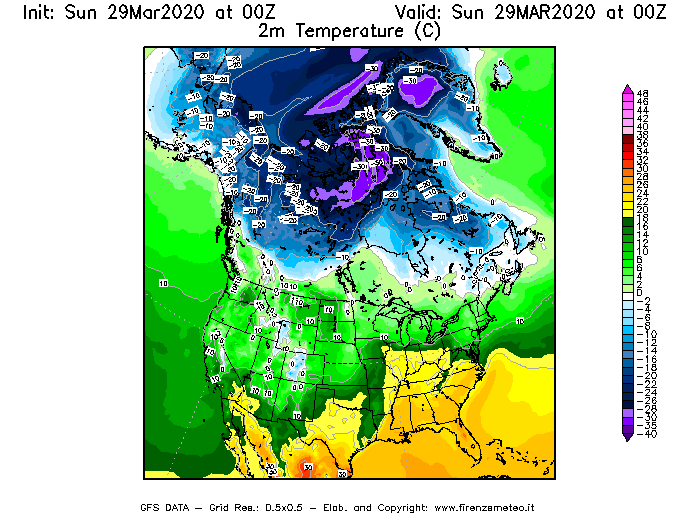 Mappa di analisi GFS - Temperatura a 2 metri dal suolo [°C] in Nord-America
							del 29/03/2020 00 <!--googleoff: index-->UTC<!--googleon: index-->
