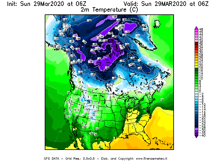Mappa di analisi GFS - Temperatura a 2 metri dal suolo [°C] in Nord-America
							del 29/03/2020 06 <!--googleoff: index-->UTC<!--googleon: index-->