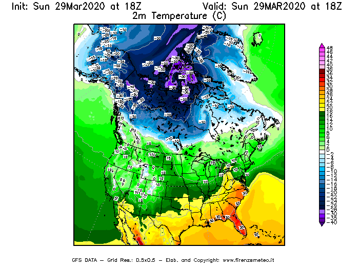 Mappa di analisi GFS - Temperatura a 2 metri dal suolo [°C] in Nord-America
							del 29/03/2020 18 <!--googleoff: index-->UTC<!--googleon: index-->