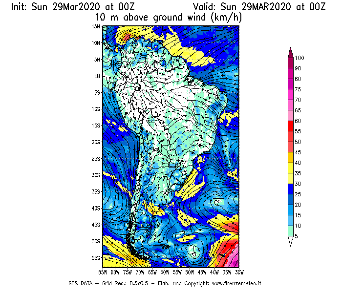 Mappa di analisi GFS - Velocità del vento a 10 metri dal suolo [km/h] in Sud-America
							del 29/03/2020 00 <!--googleoff: index-->UTC<!--googleon: index-->