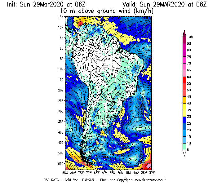 Mappa di analisi GFS - Velocità del vento a 10 metri dal suolo [km/h] in Sud-America
							del 29/03/2020 06 <!--googleoff: index-->UTC<!--googleon: index-->