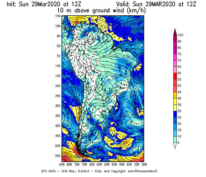 Mappa di analisi GFS - Velocità del vento a 10 metri dal suolo [km/h] in Sud-America
							del 29/03/2020 12 <!--googleoff: index-->UTC<!--googleon: index-->