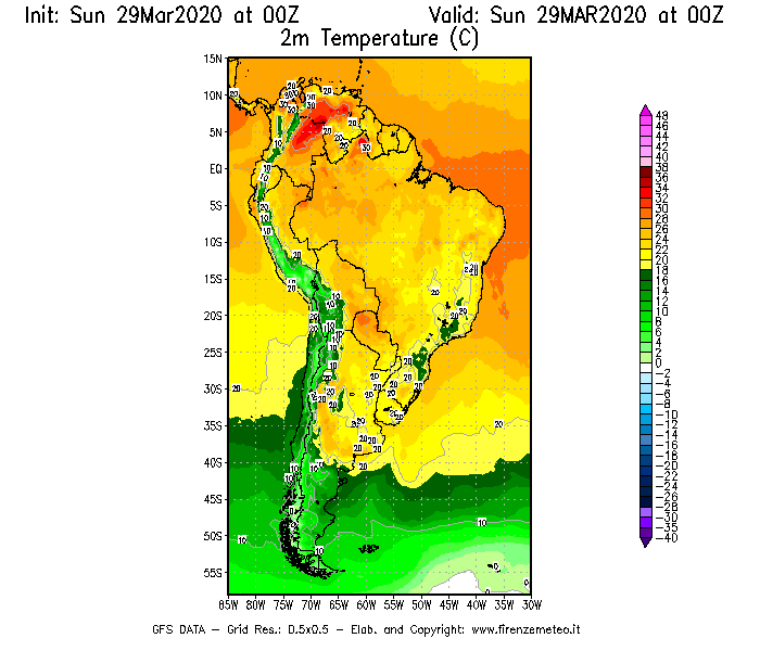 Mappa di analisi GFS - Temperatura a 2 metri dal suolo [°C] in Sud-America
							del 29/03/2020 00 <!--googleoff: index-->UTC<!--googleon: index-->