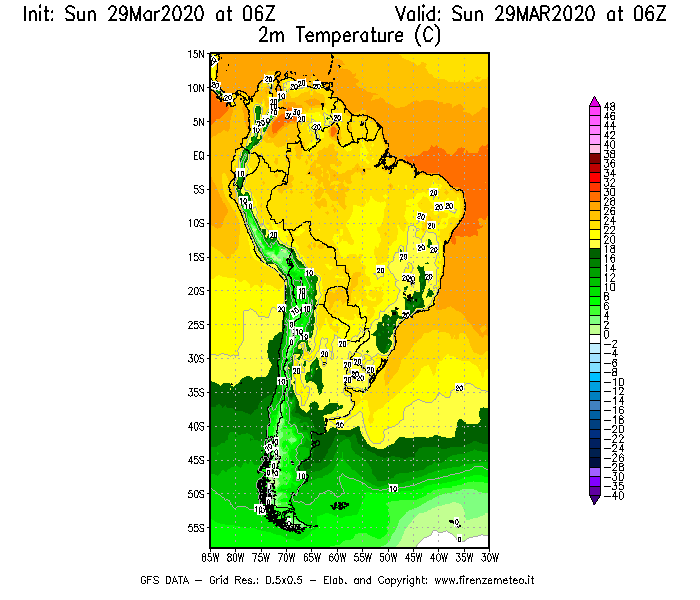 Mappa di analisi GFS - Temperatura a 2 metri dal suolo [°C] in Sud-America
							del 29/03/2020 06 <!--googleoff: index-->UTC<!--googleon: index-->