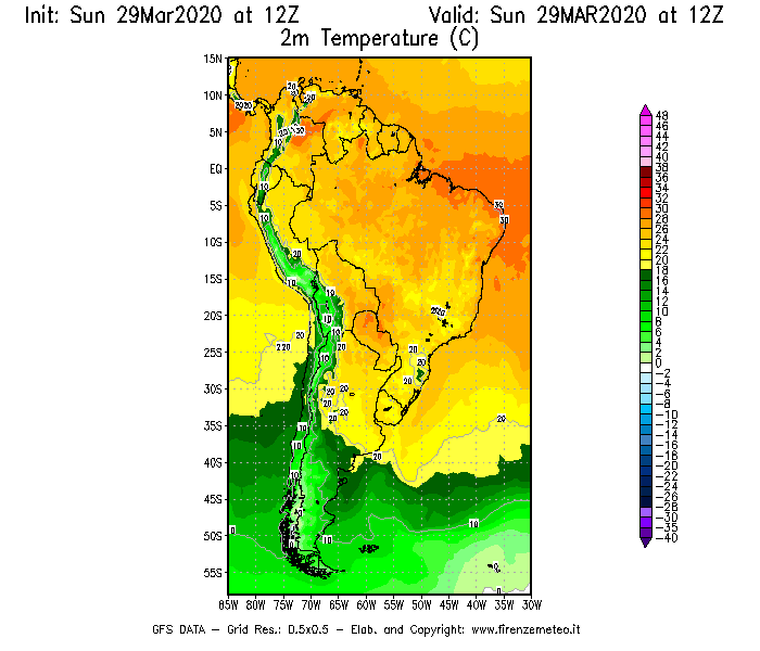 Mappa di analisi GFS - Temperatura a 2 metri dal suolo [°C] in Sud-America
							del 29/03/2020 12 <!--googleoff: index-->UTC<!--googleon: index-->