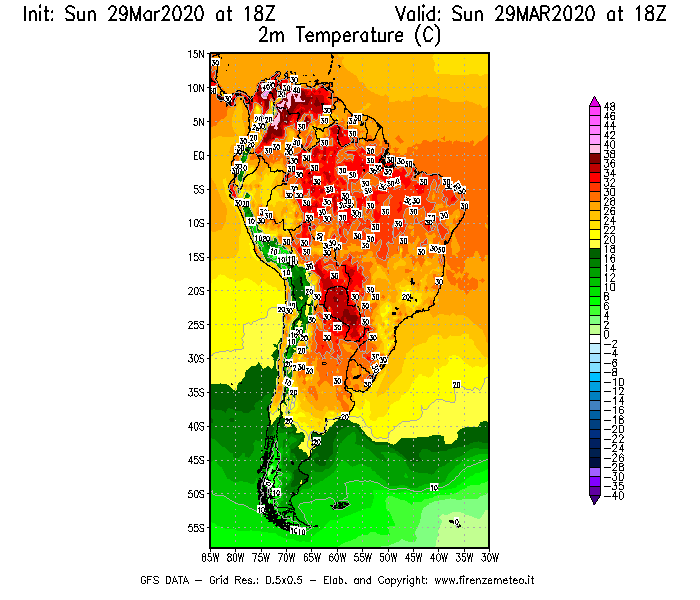 Mappa di analisi GFS - Temperatura a 2 metri dal suolo [°C] in Sud-America
							del 29/03/2020 18 <!--googleoff: index-->UTC<!--googleon: index-->