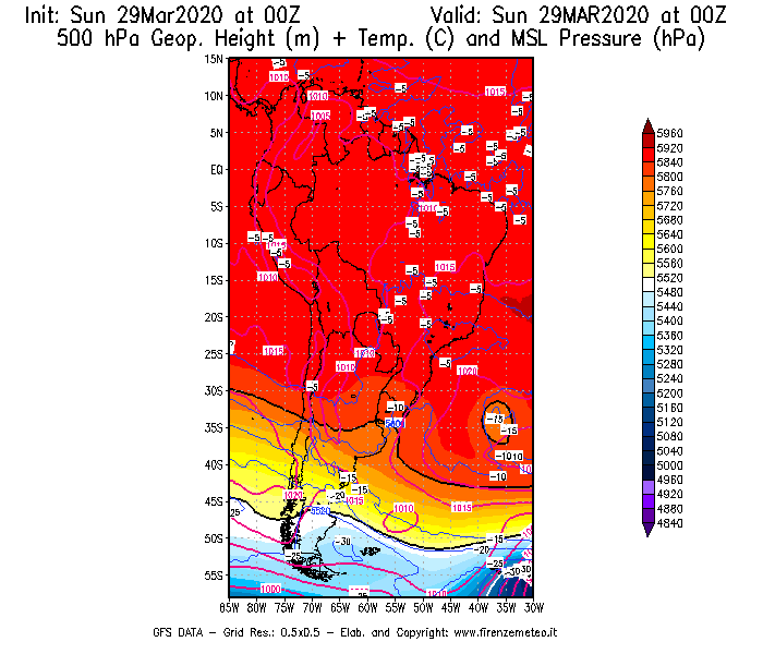 Mappa di analisi GFS - Geopotenziale [m] + Temp. [°C] a 500 hPa + Press. a livello del mare [hPa] in Sud-America
							del 29/03/2020 00 <!--googleoff: index-->UTC<!--googleon: index-->