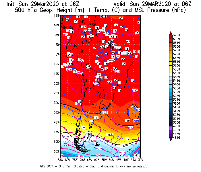Mappa di analisi GFS - Geopotenziale [m] + Temp. [°C] a 500 hPa + Press. a livello del mare [hPa] in Sud-America
							del 29/03/2020 06 <!--googleoff: index-->UTC<!--googleon: index-->