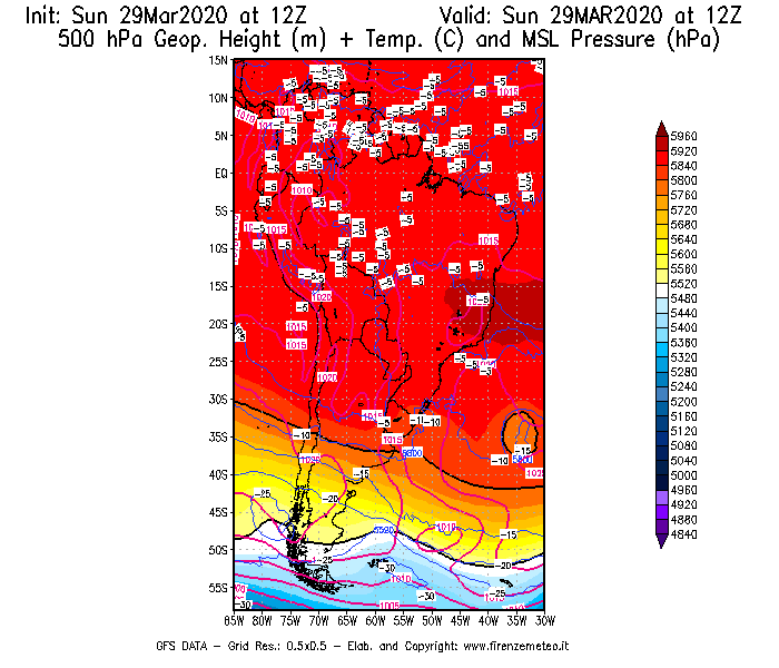 Mappa di analisi GFS - Geopotenziale [m] + Temp. [°C] a 500 hPa + Press. a livello del mare [hPa] in Sud-America
							del 29/03/2020 12 <!--googleoff: index-->UTC<!--googleon: index-->