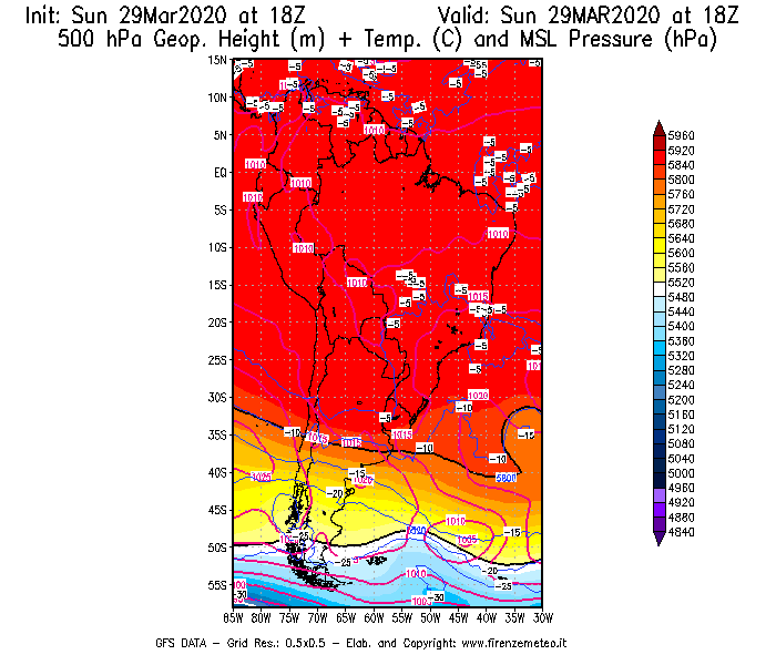 Mappa di analisi GFS - Geopotenziale [m] + Temp. [°C] a 500 hPa + Press. a livello del mare [hPa] in Sud-America
							del 29/03/2020 18 <!--googleoff: index-->UTC<!--googleon: index-->