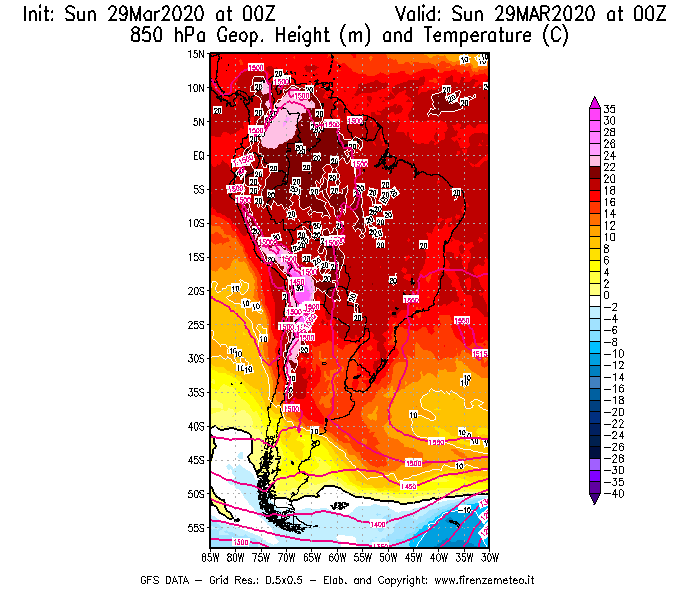 Mappa di analisi GFS - Geopotenziale [m] e Temperatura [°C] a 850 hPa in Sud-America
							del 29/03/2020 00 <!--googleoff: index-->UTC<!--googleon: index-->