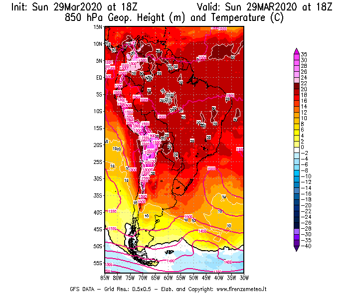 Mappa di analisi GFS - Geopotenziale [m] e Temperatura [°C] a 850 hPa in Sud-America
							del 29/03/2020 18 <!--googleoff: index-->UTC<!--googleon: index-->