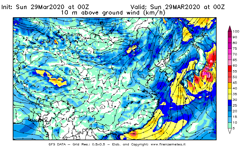 Mappa di analisi GFS - Velocità del vento a 10 metri dal suolo [km/h] in Asia Orientale
							del 29/03/2020 00 <!--googleoff: index-->UTC<!--googleon: index-->