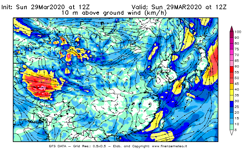 Mappa di analisi GFS - Velocità del vento a 10 metri dal suolo [km/h] in Asia Orientale
							del 29/03/2020 12 <!--googleoff: index-->UTC<!--googleon: index-->