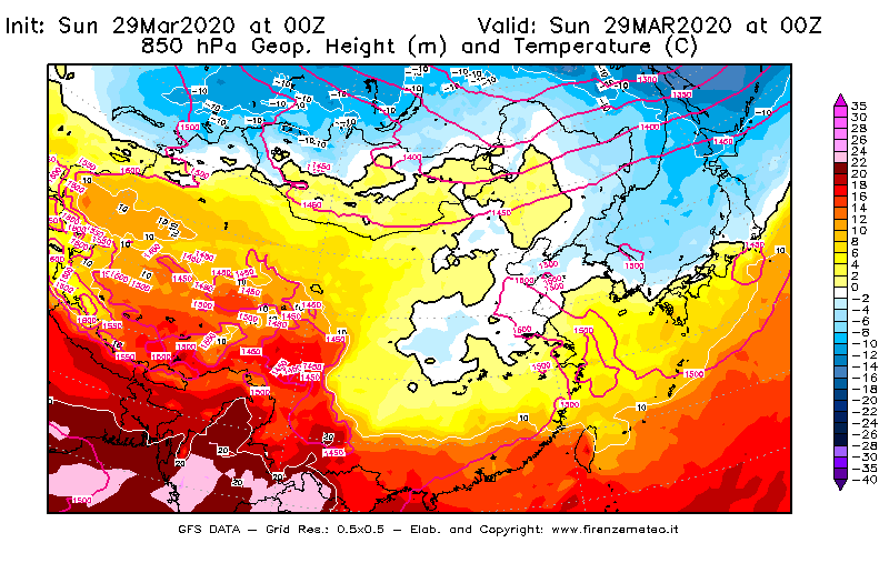 Mappa di analisi GFS - Geopotenziale [m] e Temperatura [°C] a 850 hPa in Asia Orientale
							del 29/03/2020 00 <!--googleoff: index-->UTC<!--googleon: index-->