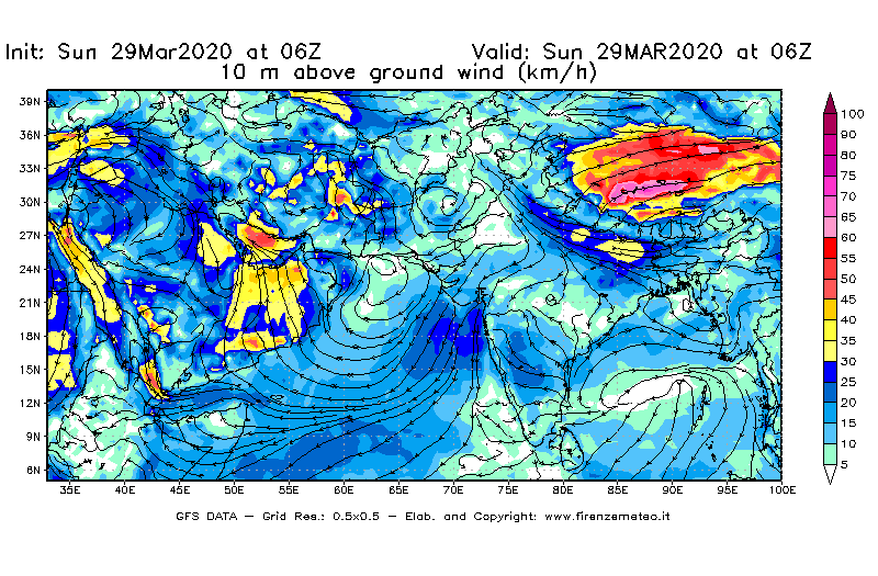 Mappa di analisi GFS - Velocità del vento a 10 metri dal suolo [km/h] in Asia Sud-Occidentale
							del 29/03/2020 06 <!--googleoff: index-->UTC<!--googleon: index-->