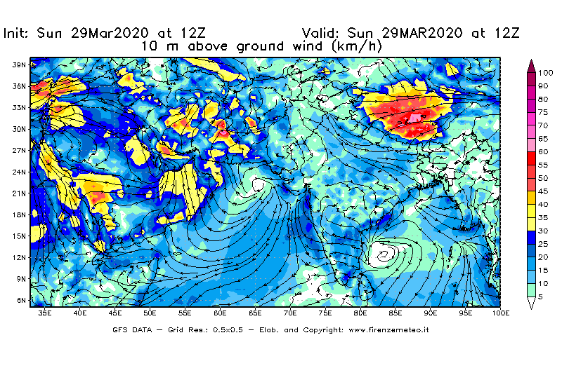 Mappa di analisi GFS - Velocità del vento a 10 metri dal suolo [km/h] in Asia Sud-Occidentale
							del 29/03/2020 12 <!--googleoff: index-->UTC<!--googleon: index-->