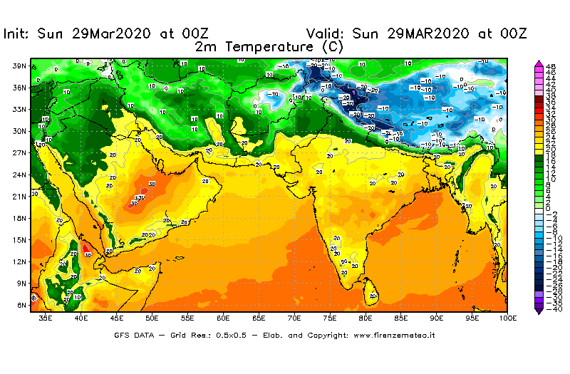 Mappa di analisi GFS - Temperatura a 2 metri dal suolo [°C] in Asia Sud-Occidentale
							del 29/03/2020 00 <!--googleoff: index-->UTC<!--googleon: index-->