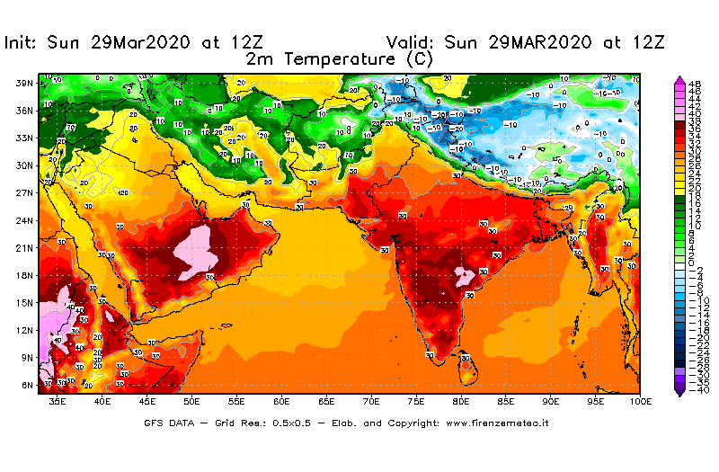 Mappa di analisi GFS - Temperatura a 2 metri dal suolo [°C] in Asia Sud-Occidentale
							del 29/03/2020 12 <!--googleoff: index-->UTC<!--googleon: index-->