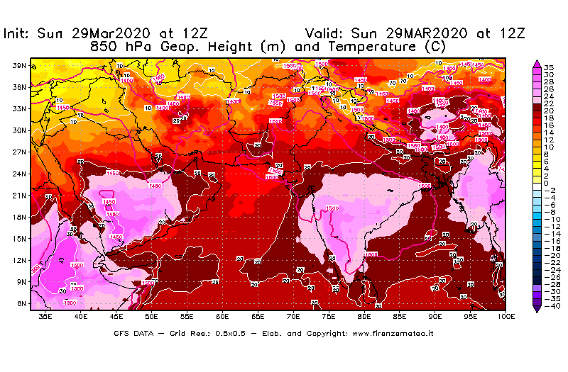 Mappa di analisi GFS - Geopotenziale [m] e Temperatura [°C] a 850 hPa in Asia Sud-Occidentale
							del 29/03/2020 12 <!--googleoff: index-->UTC<!--googleon: index-->