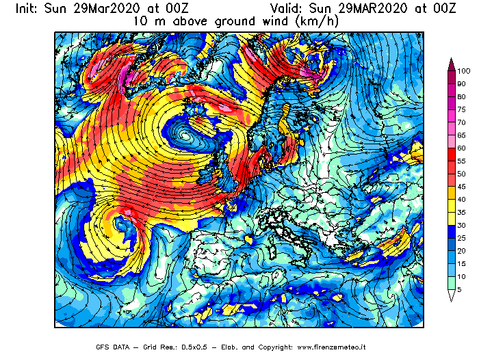 Mappa di analisi GFS - Velocità del vento a 10 metri dal suolo [km/h] in Europa
							del 29/03/2020 00 <!--googleoff: index-->UTC<!--googleon: index-->