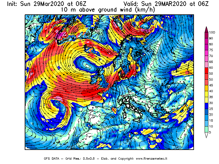 Mappa di analisi GFS - Velocità del vento a 10 metri dal suolo [km/h] in Europa
							del 29/03/2020 06 <!--googleoff: index-->UTC<!--googleon: index-->