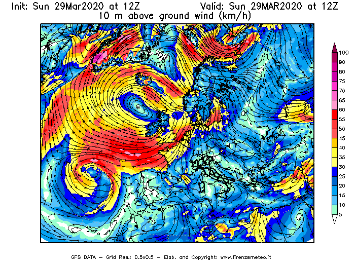 Mappa di analisi GFS - Velocità del vento a 10 metri dal suolo [km/h] in Europa
							del 29/03/2020 12 <!--googleoff: index-->UTC<!--googleon: index-->