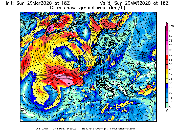 Mappa di analisi GFS - Velocità del vento a 10 metri dal suolo [km/h] in Europa
							del 29/03/2020 18 <!--googleoff: index-->UTC<!--googleon: index-->